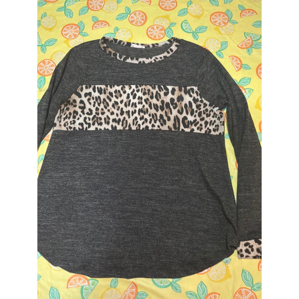 Casual Women Viamor Leopard Print Colorblock Top Large Charcoal Grey Long Sleeve